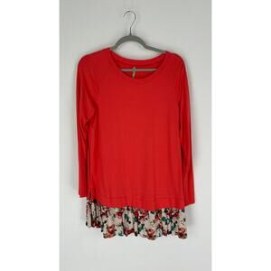 Red Lolly Floral Hem Long Sleeve Shirt Tunic Womens Large Bright Coral New